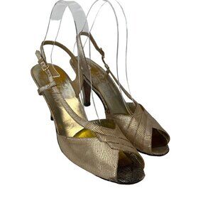Salvatore Ferragamo Gold Peep Toe Sling Back Heels Size 8.5 Made In Italy